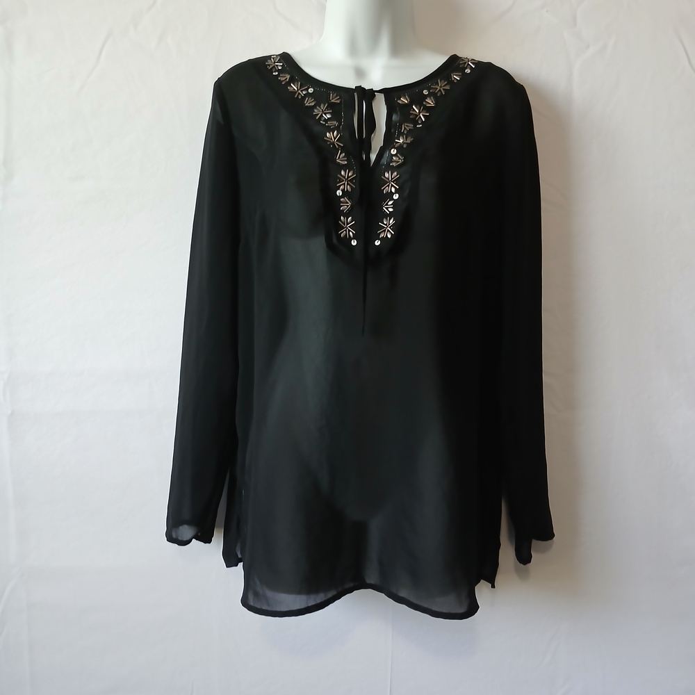 Nicole‎ Miller Black Top sheer V Neck Trimmed With Beads Sz M Elegant Night Out